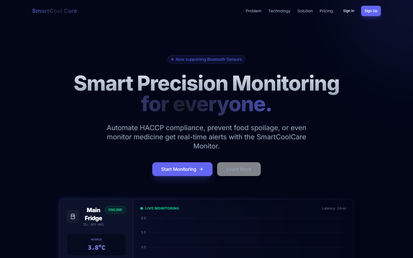 Homepage van het live IoT-monitoringproject SmartCoolCare